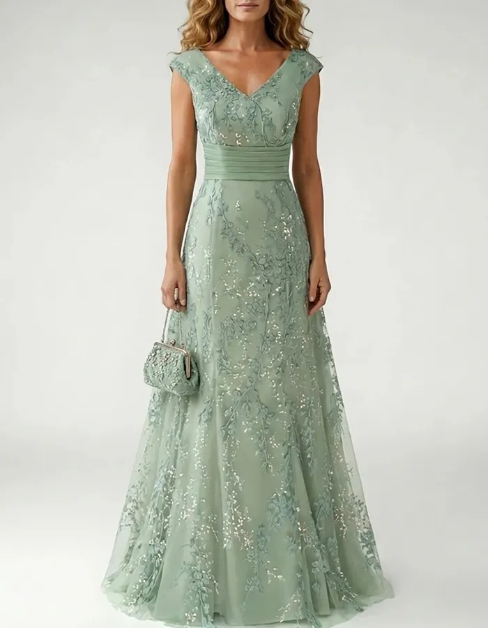 Sage Green V-Neck Lace A-Line Maxi Dress