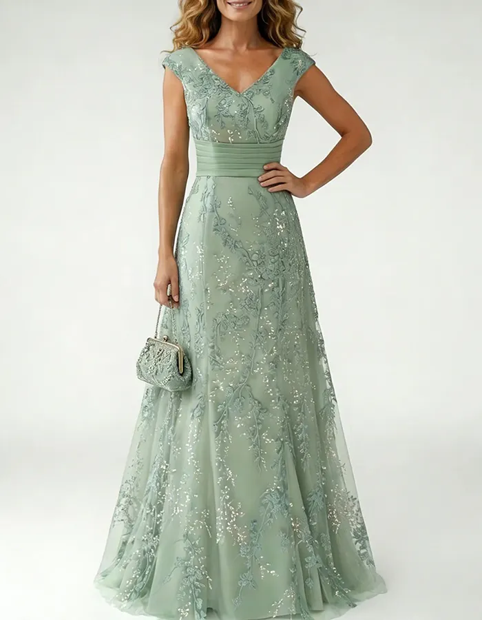 Sage Green V-Neck Lace A-Line Maxi Dress