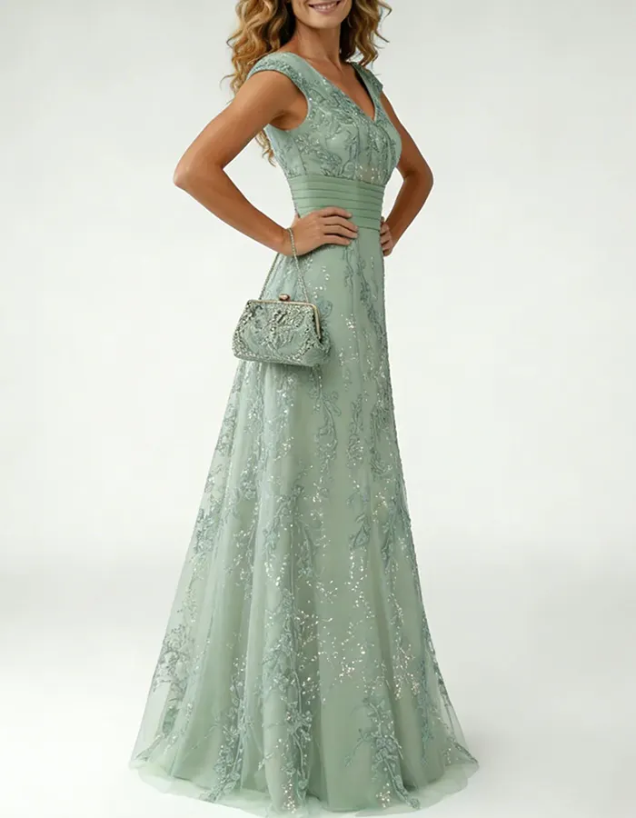 Sage Green V-Neck Lace A-Line Maxi Dress