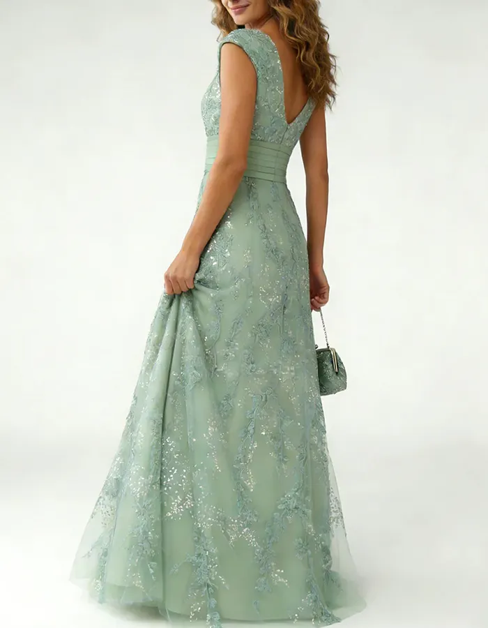 Sage Green V-Neck Lace A-Line Maxi Dress