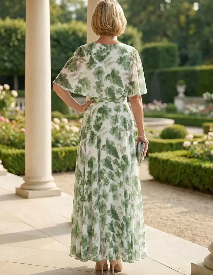 Green Floral Print Chiffon Cape Sleeve Maxi Dress