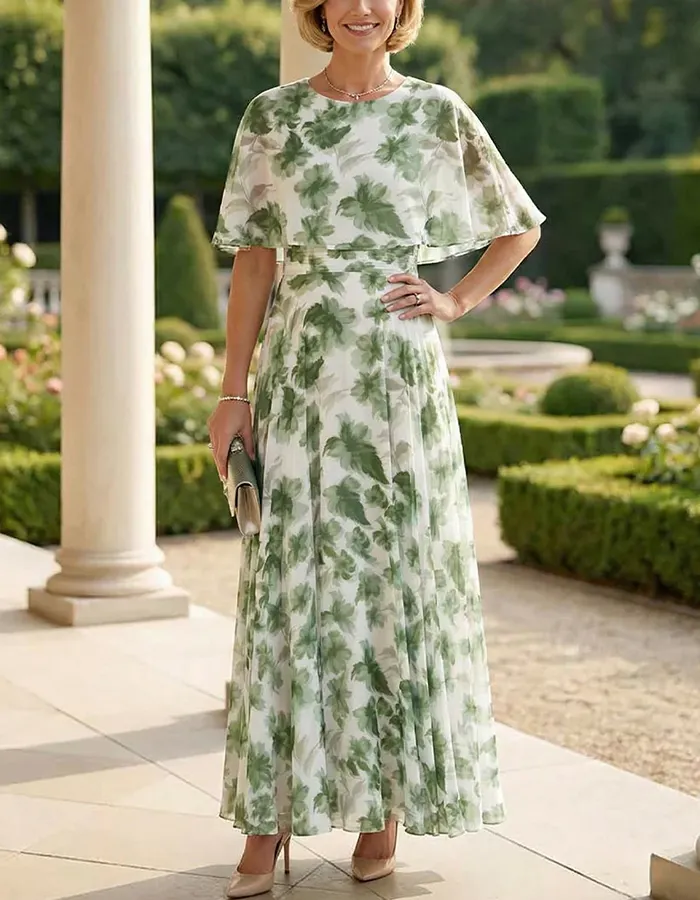 Green Floral Print Chiffon Cape Sleeve Maxi Dress