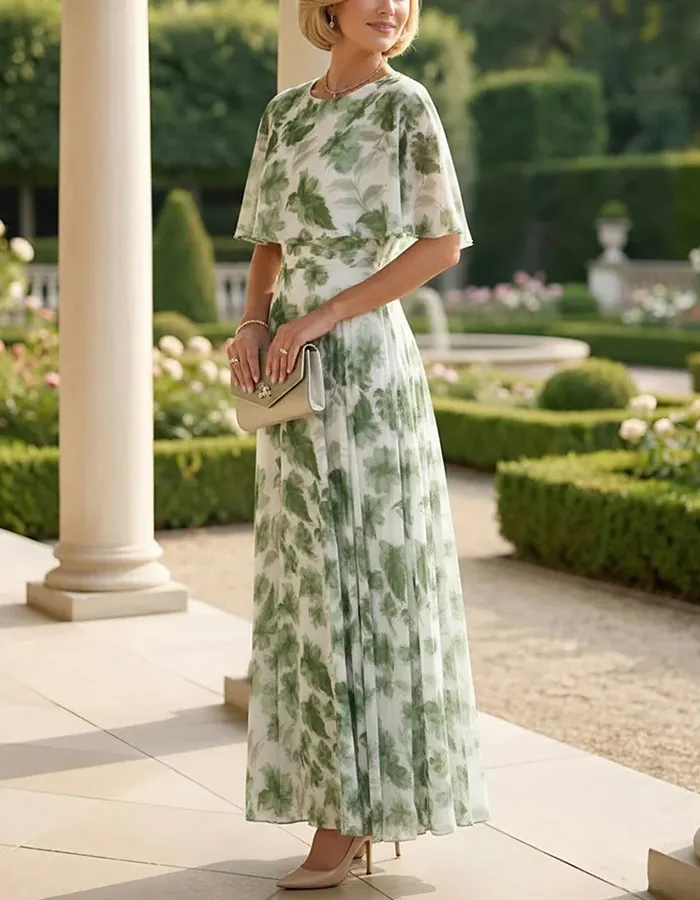 Green Floral Print Chiffon Cape Sleeve Maxi Dress