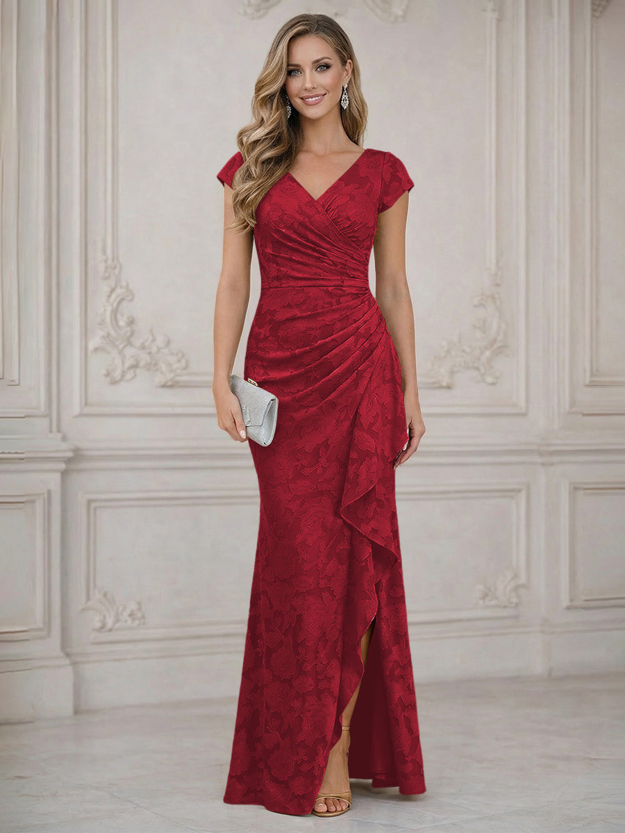 Mermaid Short Sleeve Floor Length Ruffled Mother of the Bride Dresses with Split Side