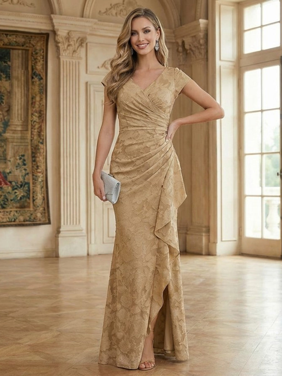 Mermaid Short Sleeve Floor Length Ruffled Mother of the Bride Dresses with Split Side