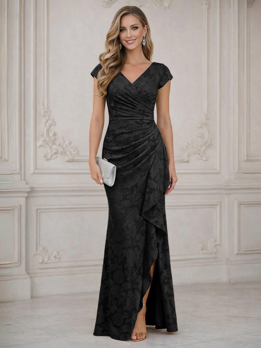 Mermaid Short Sleeve Floor Length Ruffled Mother of the Bride Dresses with Split Side