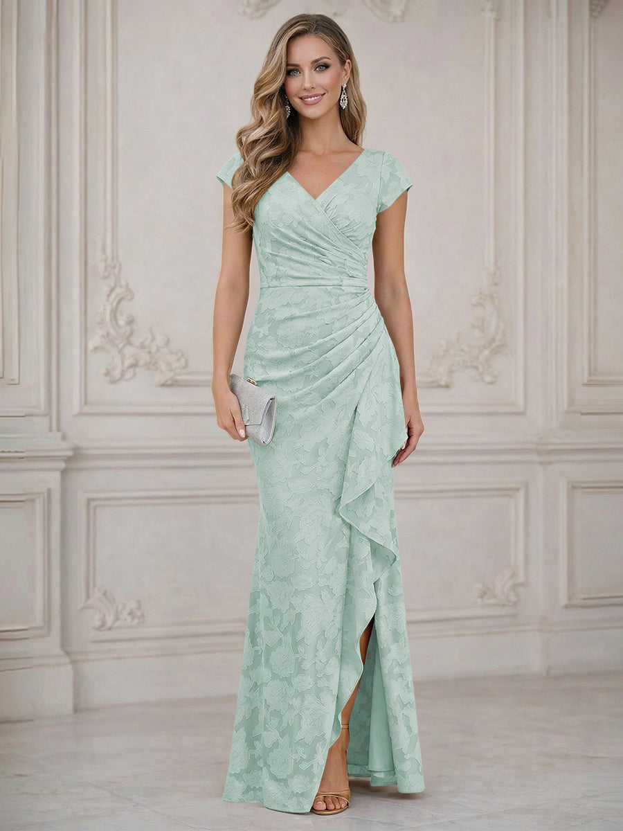 Mermaid Short Sleeve Floor Length Ruffled Mother of the Bride Dresses with Split Side