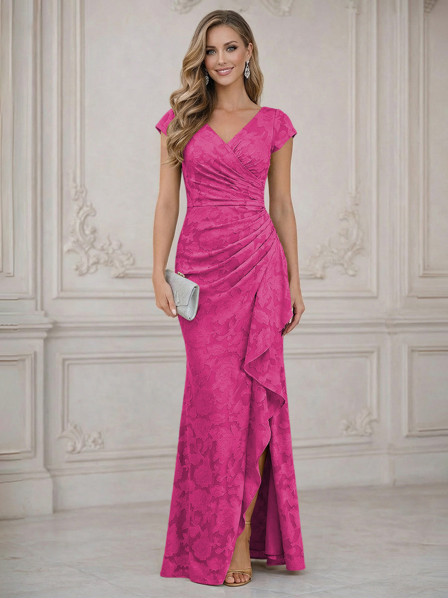 Mermaid Short Sleeve Floor Length Ruffled Mother of the Bride Dresses with Split Side