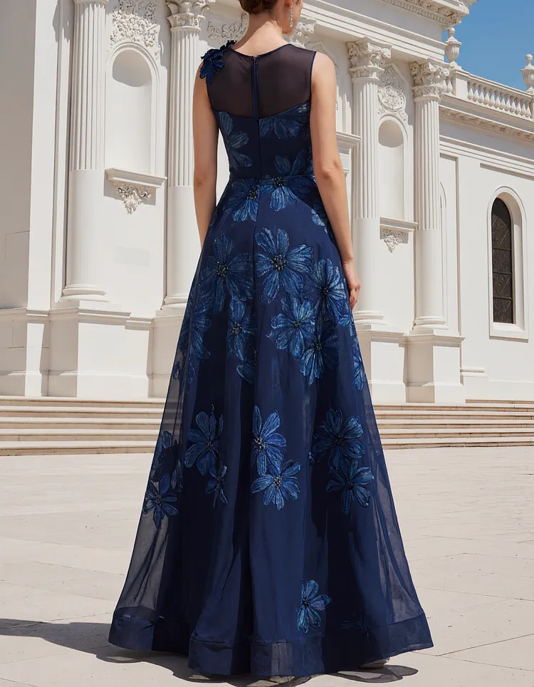 Navy Blue Floral Appliqué Chiffon Round-Neck Maxi Gown