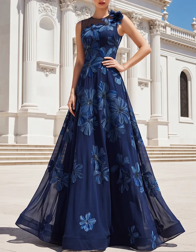 Navy Blue Floral Appliqué Chiffon Round-Neck Maxi Gown