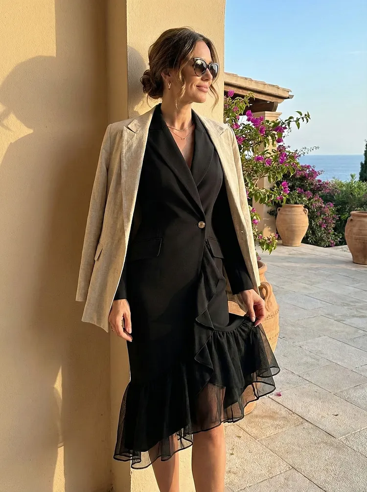 Black Ruffled Hem Blazer Dress