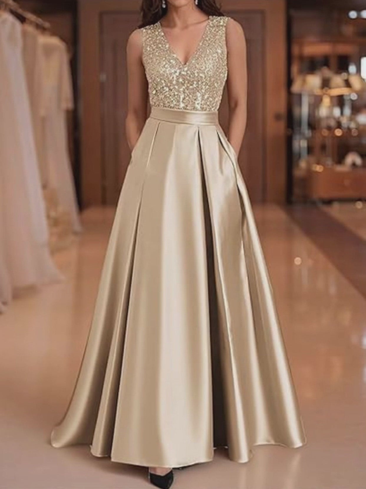 A-Line/Princess V-Neck Pleated Satin Evening Dresses Sequins Formal Gowns