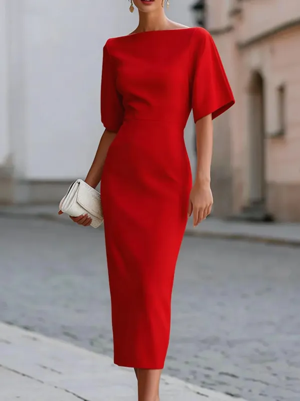 Boat Neck Midi-length Fitted Dress
