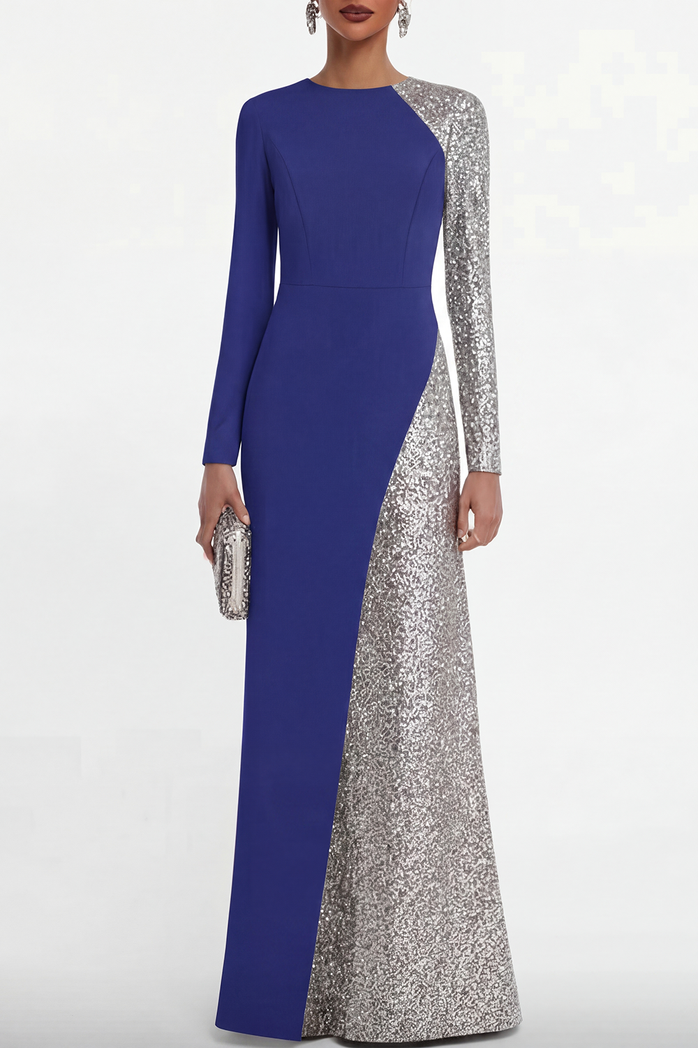Formal Dress Blue Crew Neck Sequin Maxi Mother of the Bride Dress