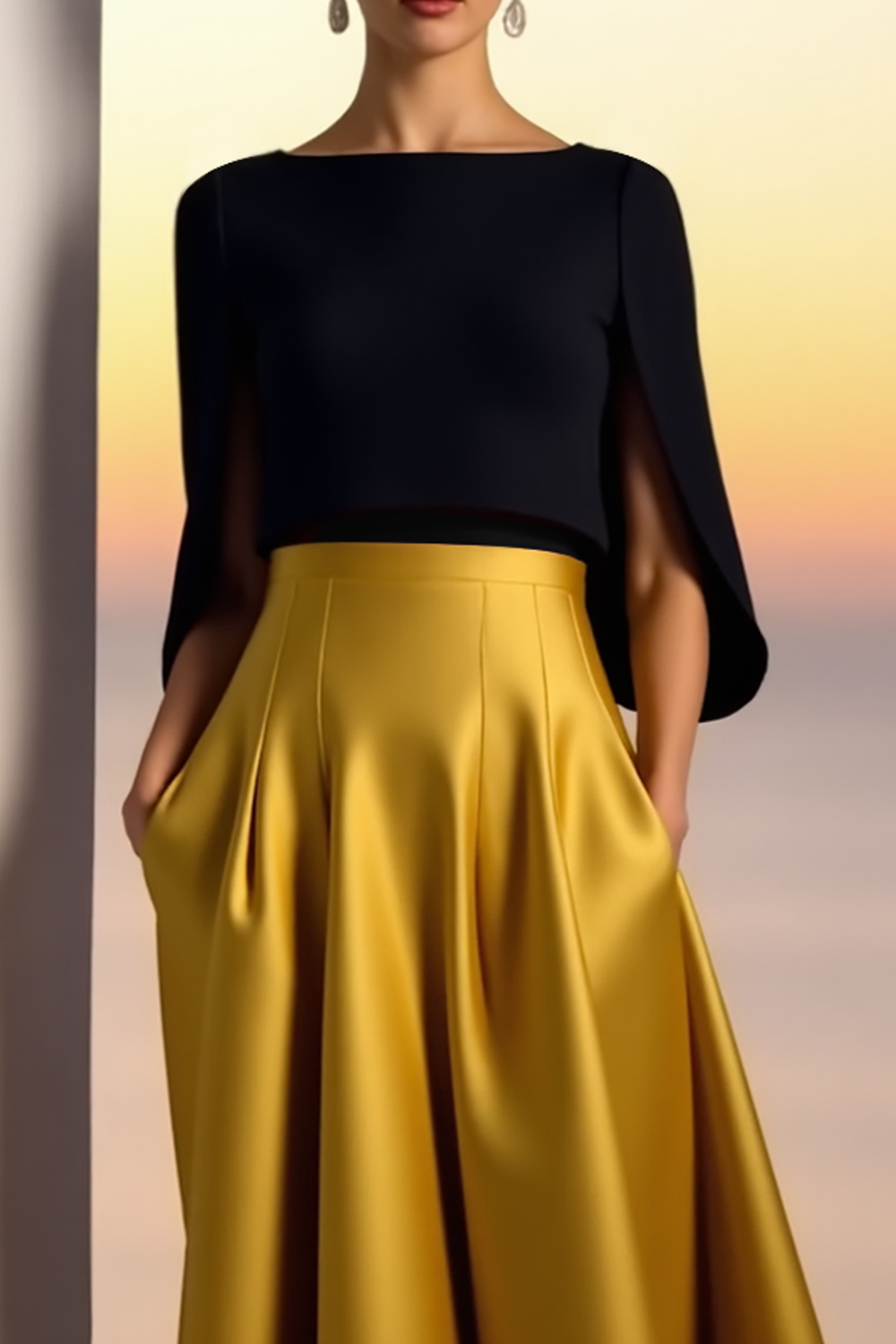 Evening Formal Dress Gold A-Line Crew Neck Satin Maxi Dress