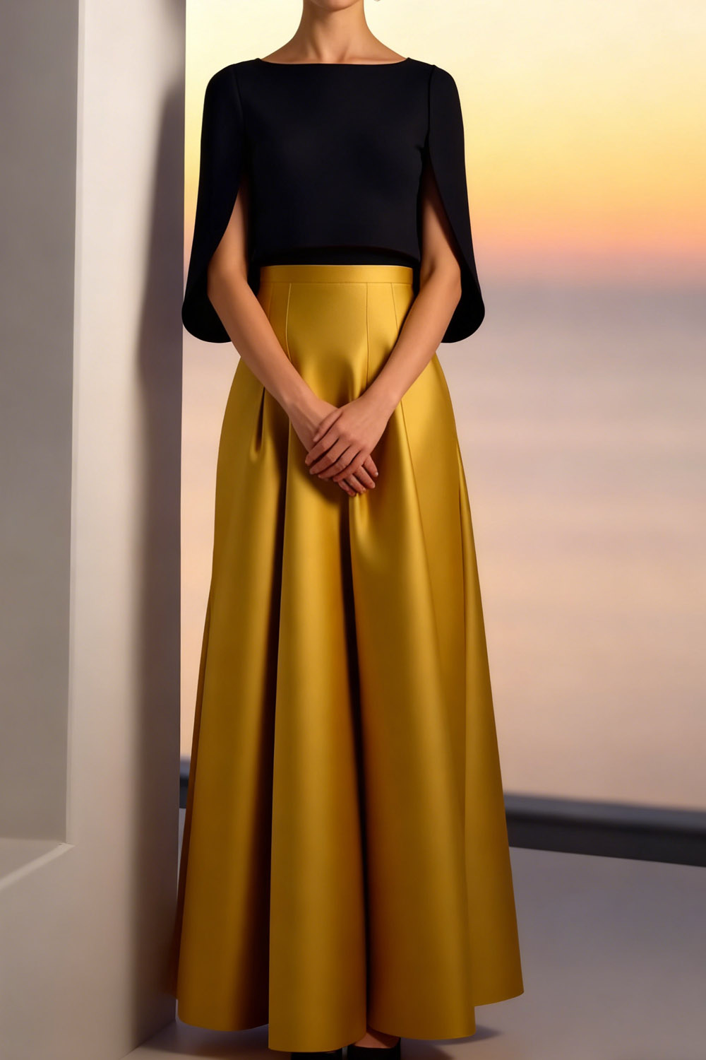 Evening Formal Dress Gold A-Line Crew Neck Satin Maxi Dress