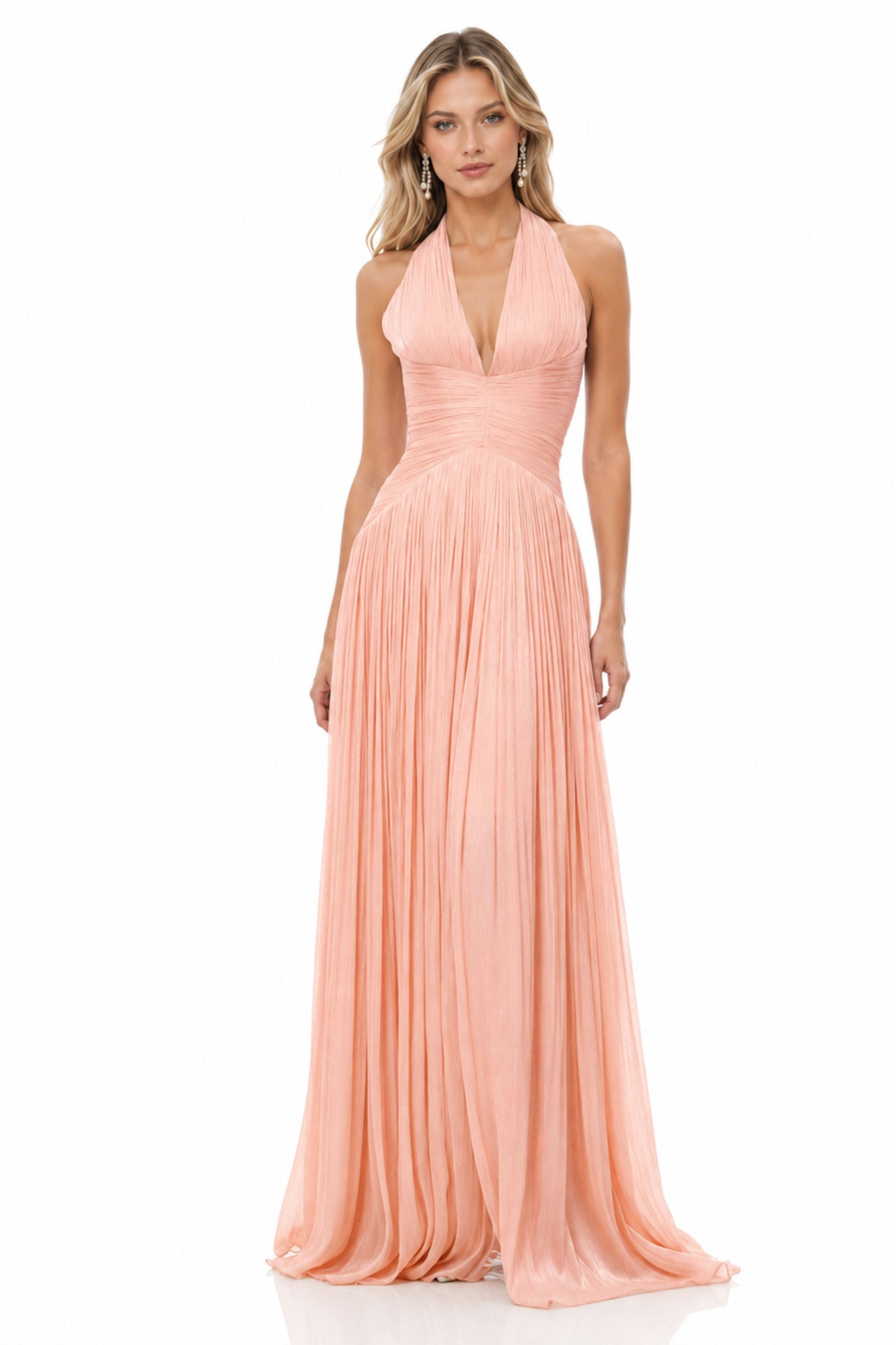 Halter Pleated Slit Maxi Dress