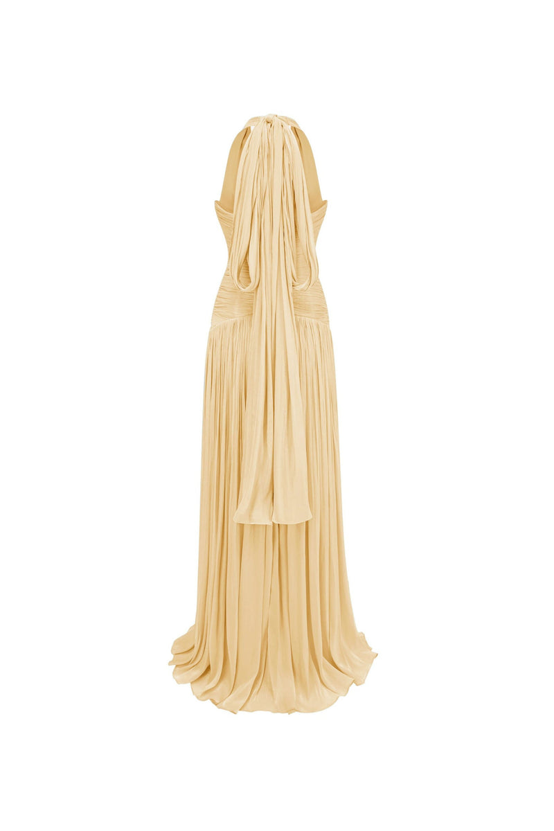 Halter Pleated Slit Maxi Dress