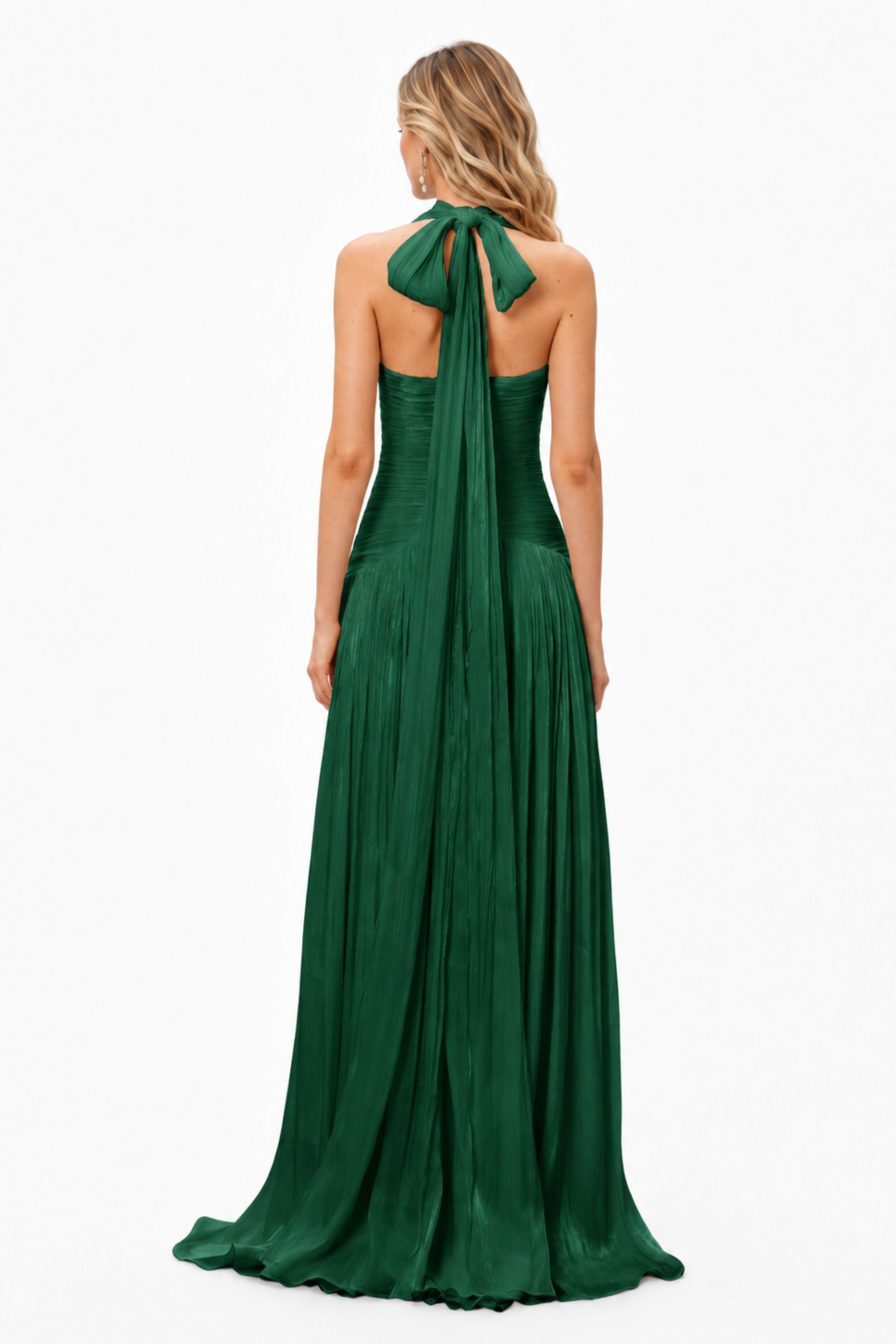 Halter Pleated Slit Maxi Dress