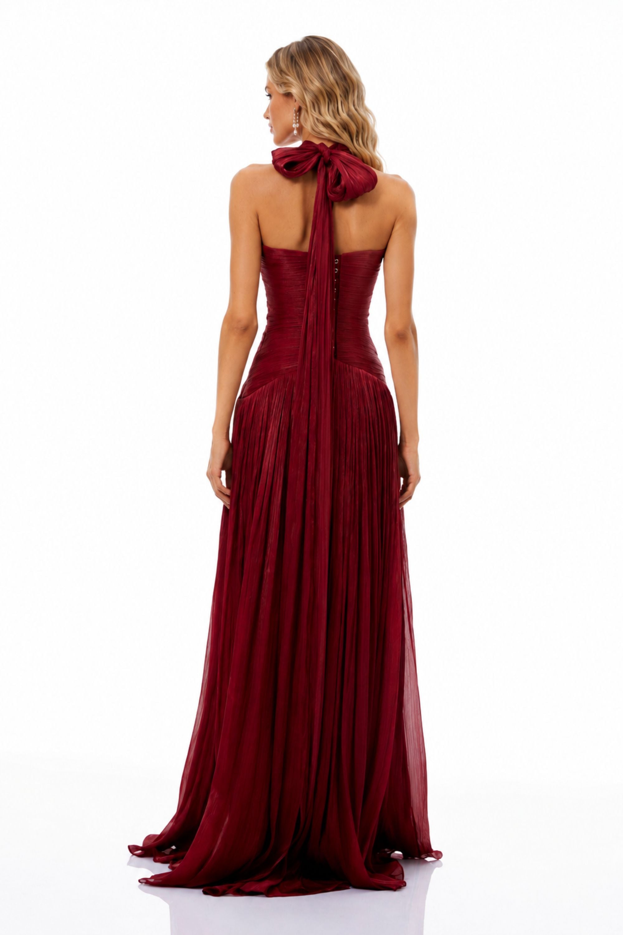 Halter Pleated Slit Maxi Dress