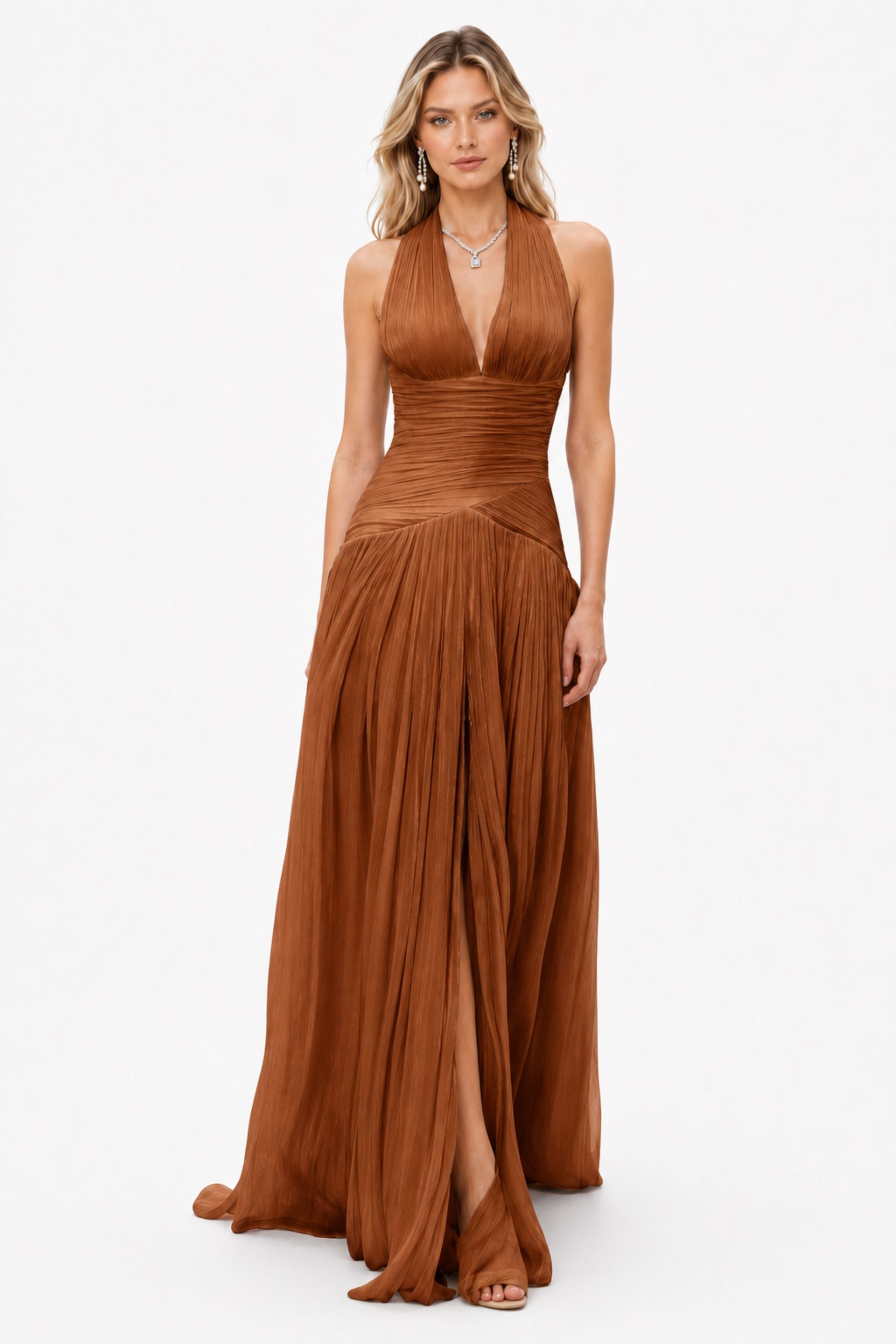 Halter Pleated Slit Maxi Dress