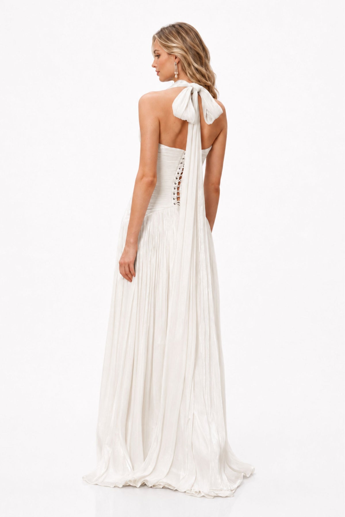 Halter Pleated Slit Maxi Dress
