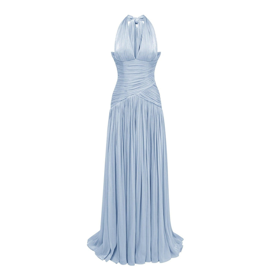 Halter Pleated Slit Maxi Dress