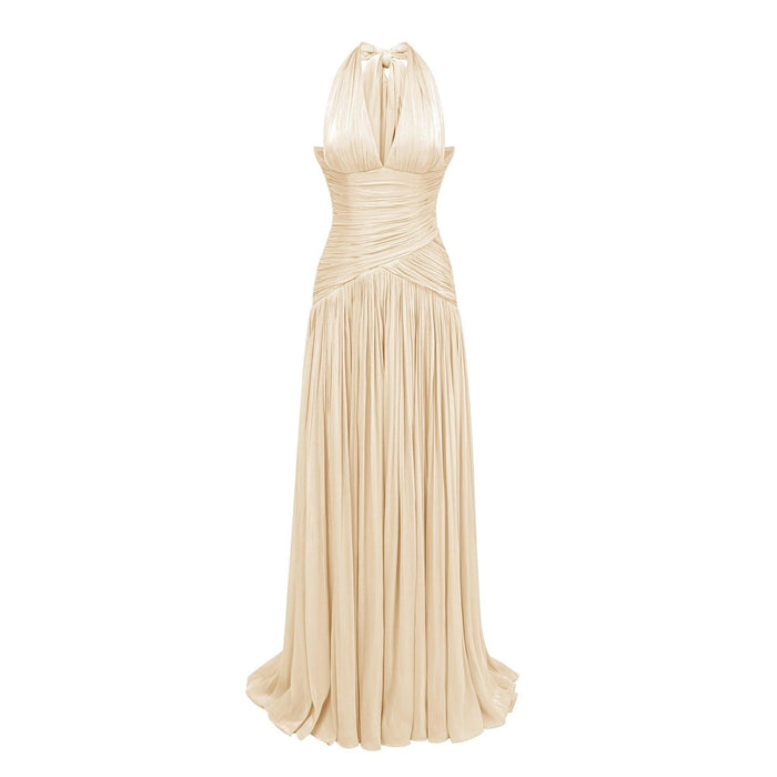 Halter Pleated Slit Maxi Dress