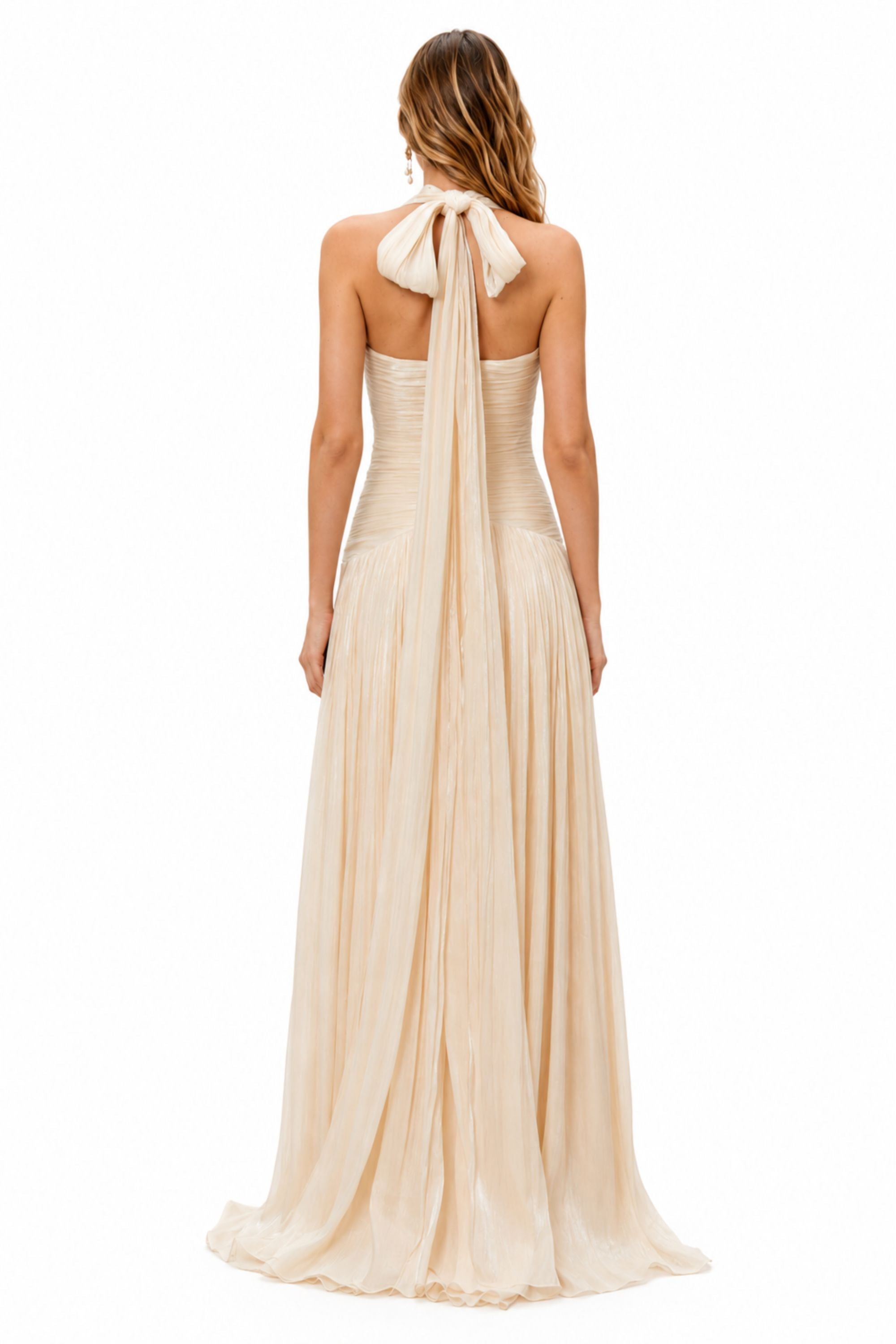 Halter Pleated Slit Maxi Dress
