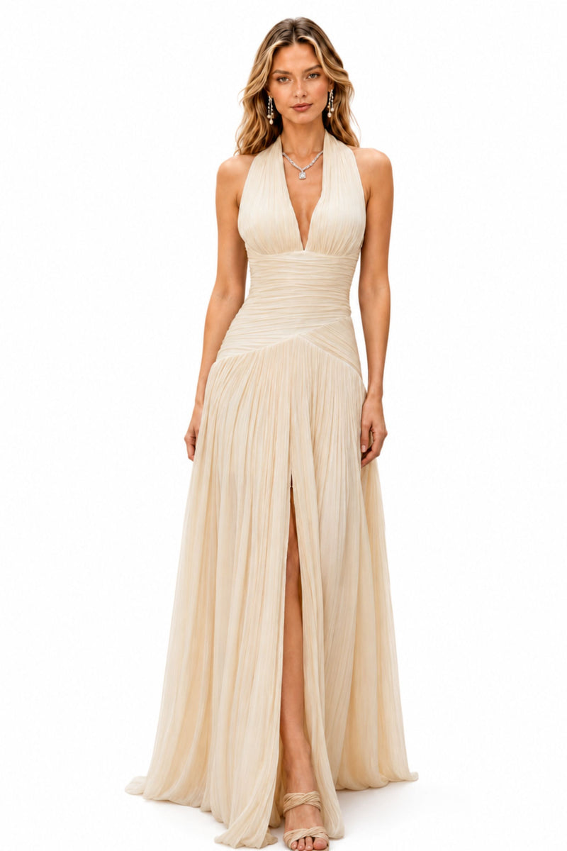 Halter Pleated Slit Maxi Dress