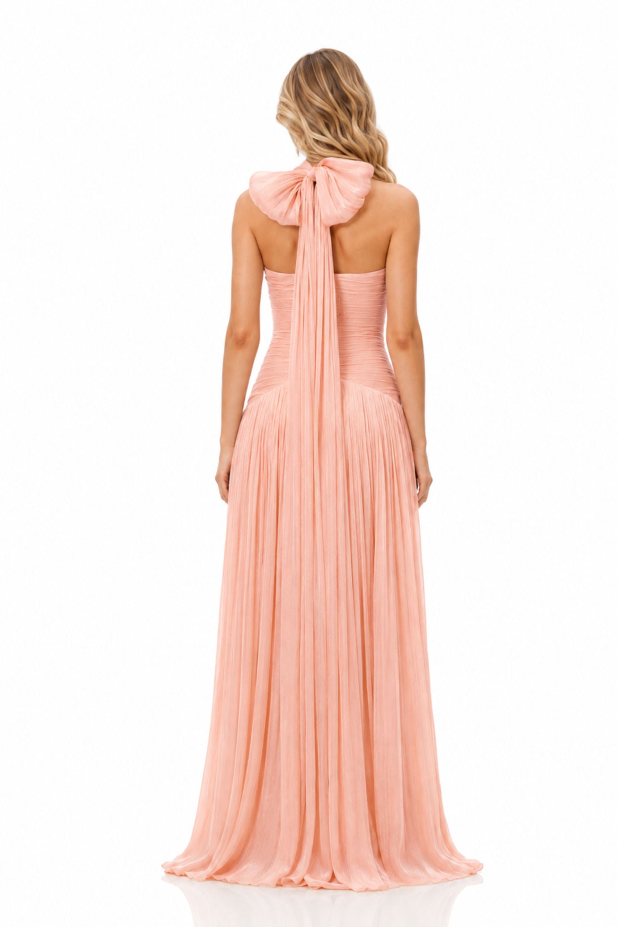 Halter Pleated Slit Maxi Dress
