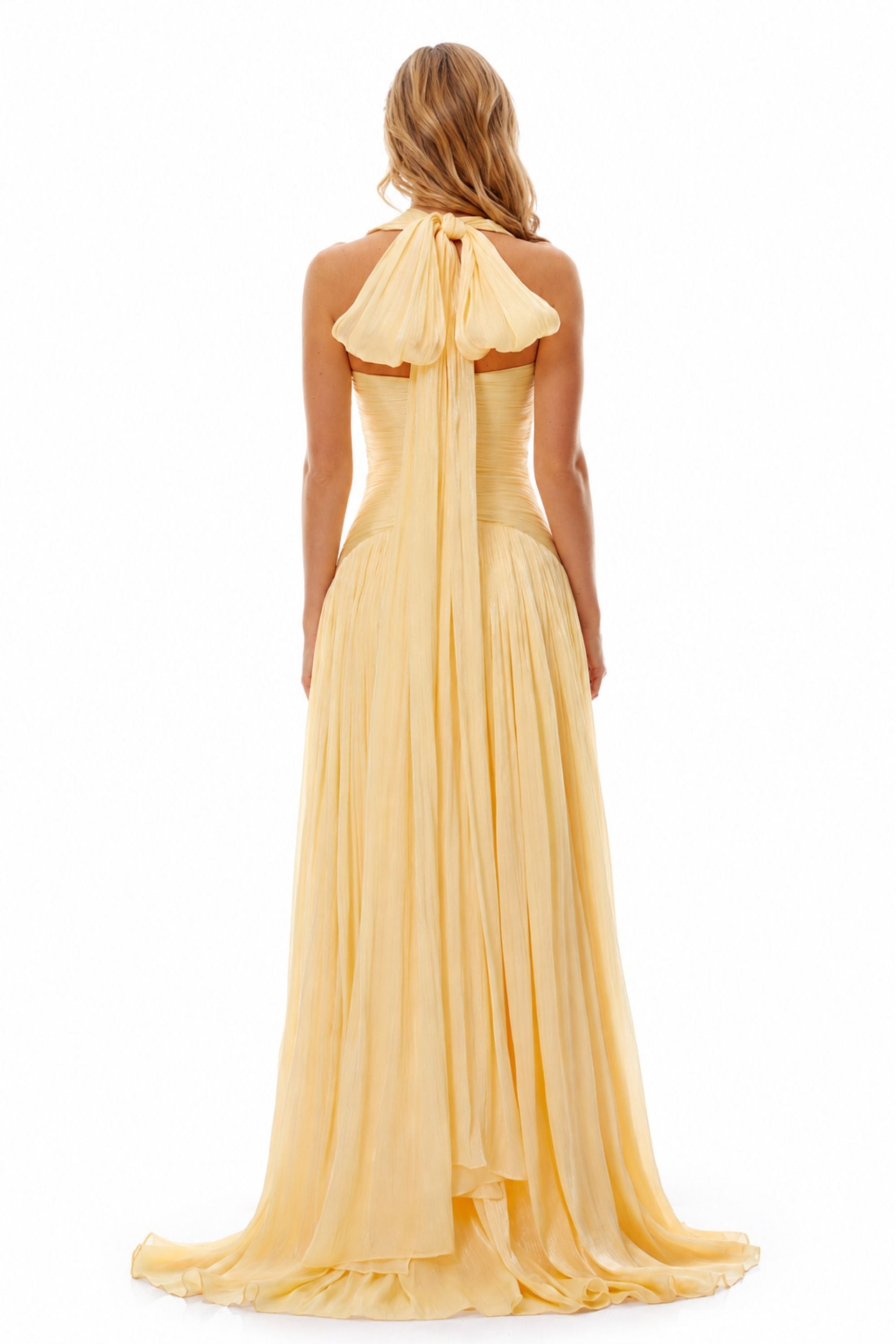 Halter Pleated Slit Maxi Dress
