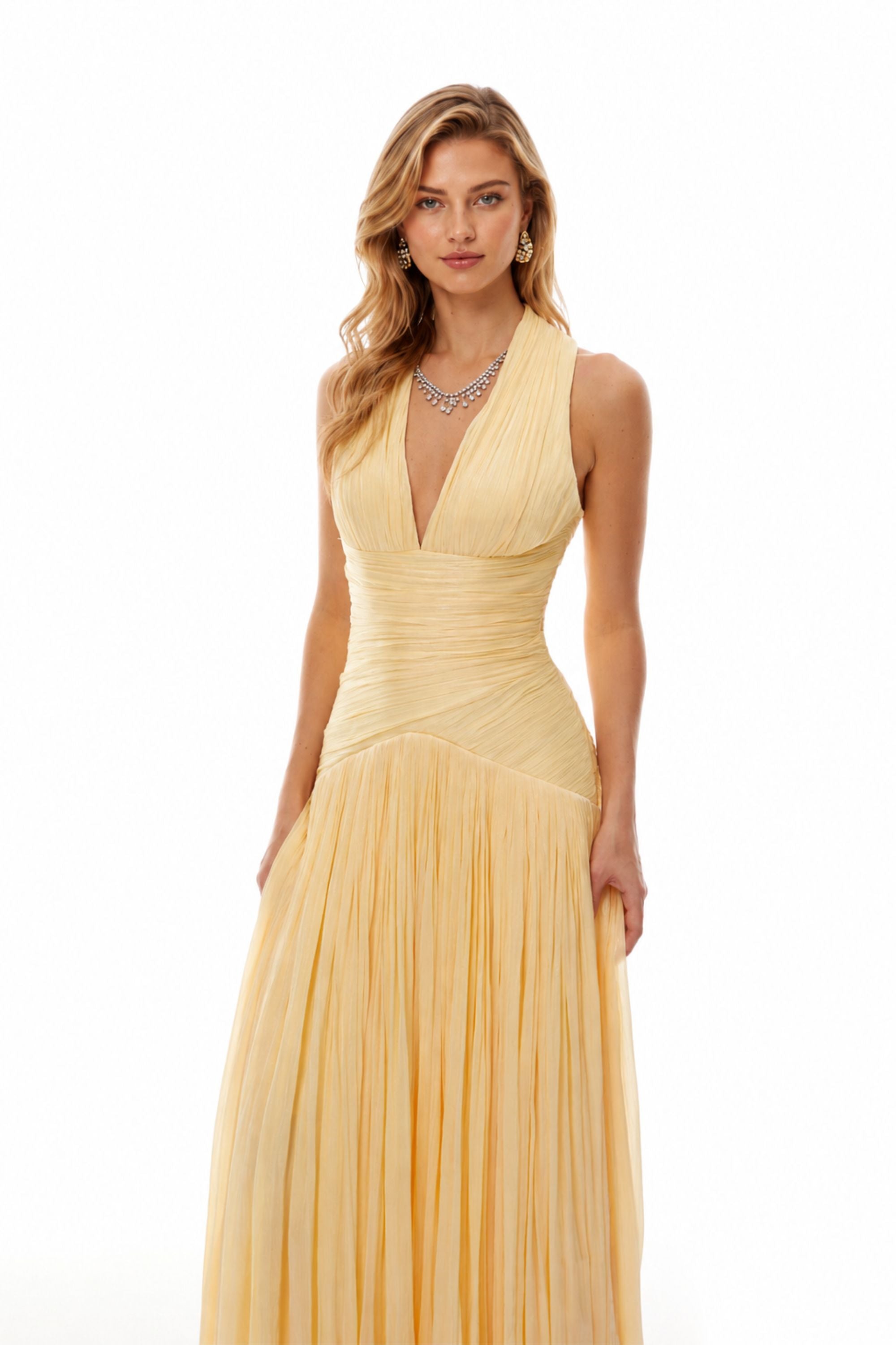 Halter Pleated Slit Maxi Dress