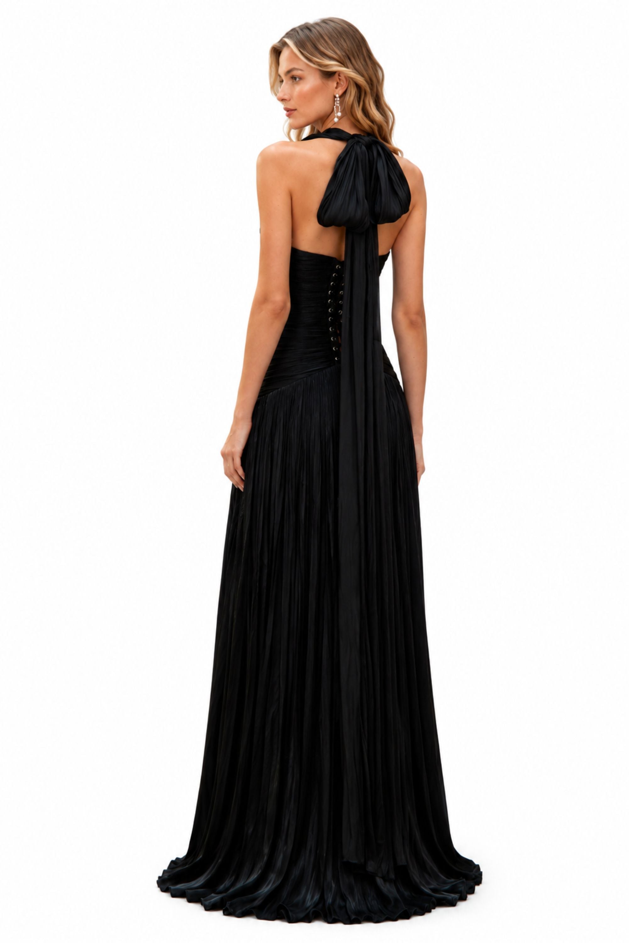 Halter Pleated Slit Maxi Dress