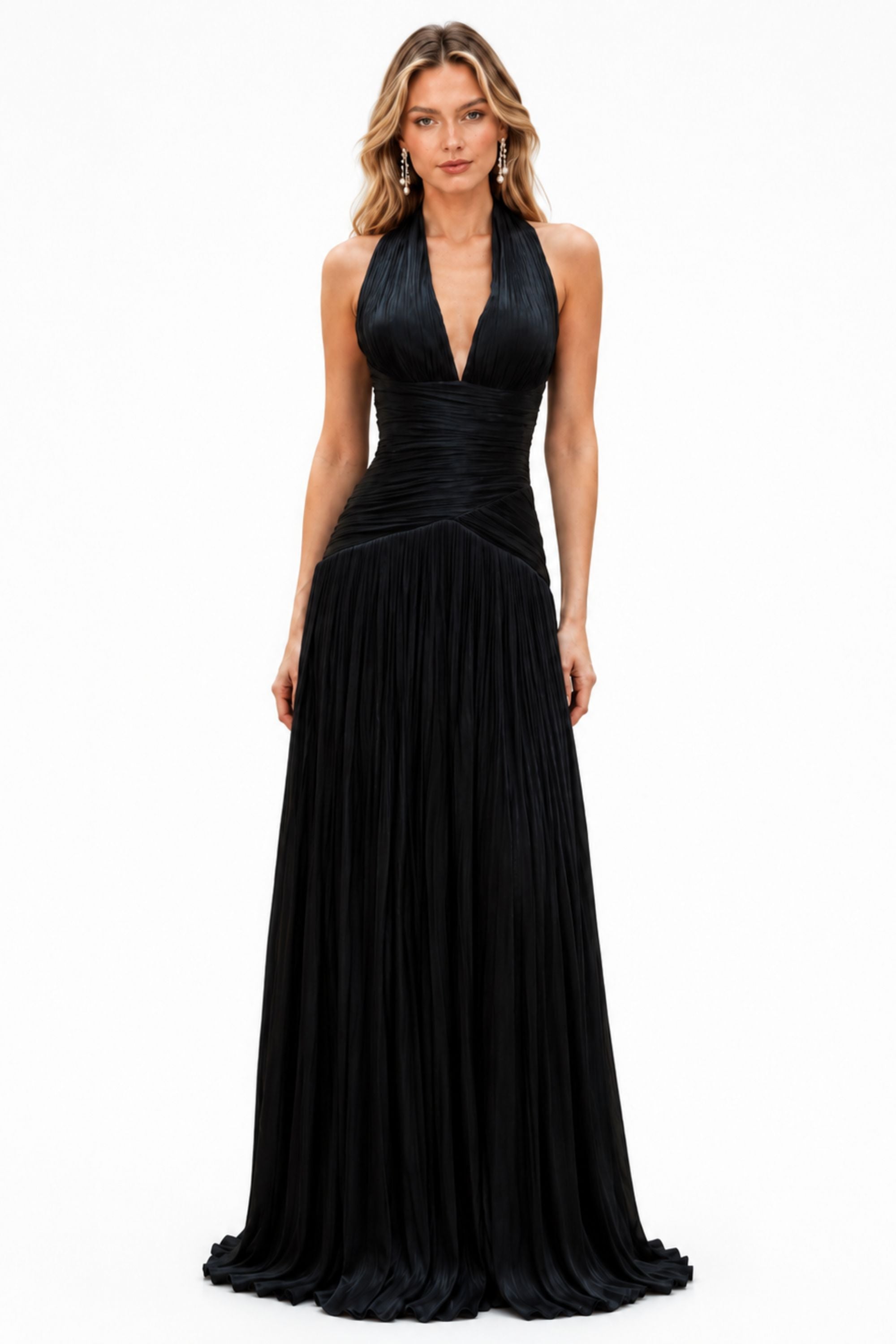 Halter Pleated Slit Maxi Dress