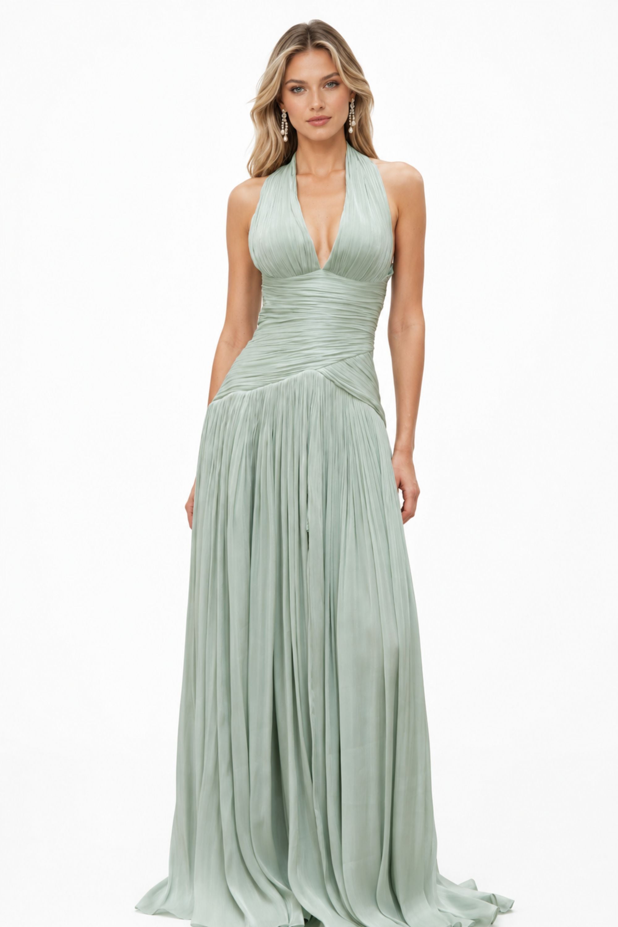 Halter Pleated Slit Maxi Dress