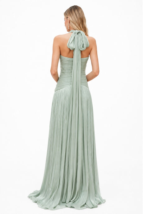 Halter Pleated Slit Maxi Dress