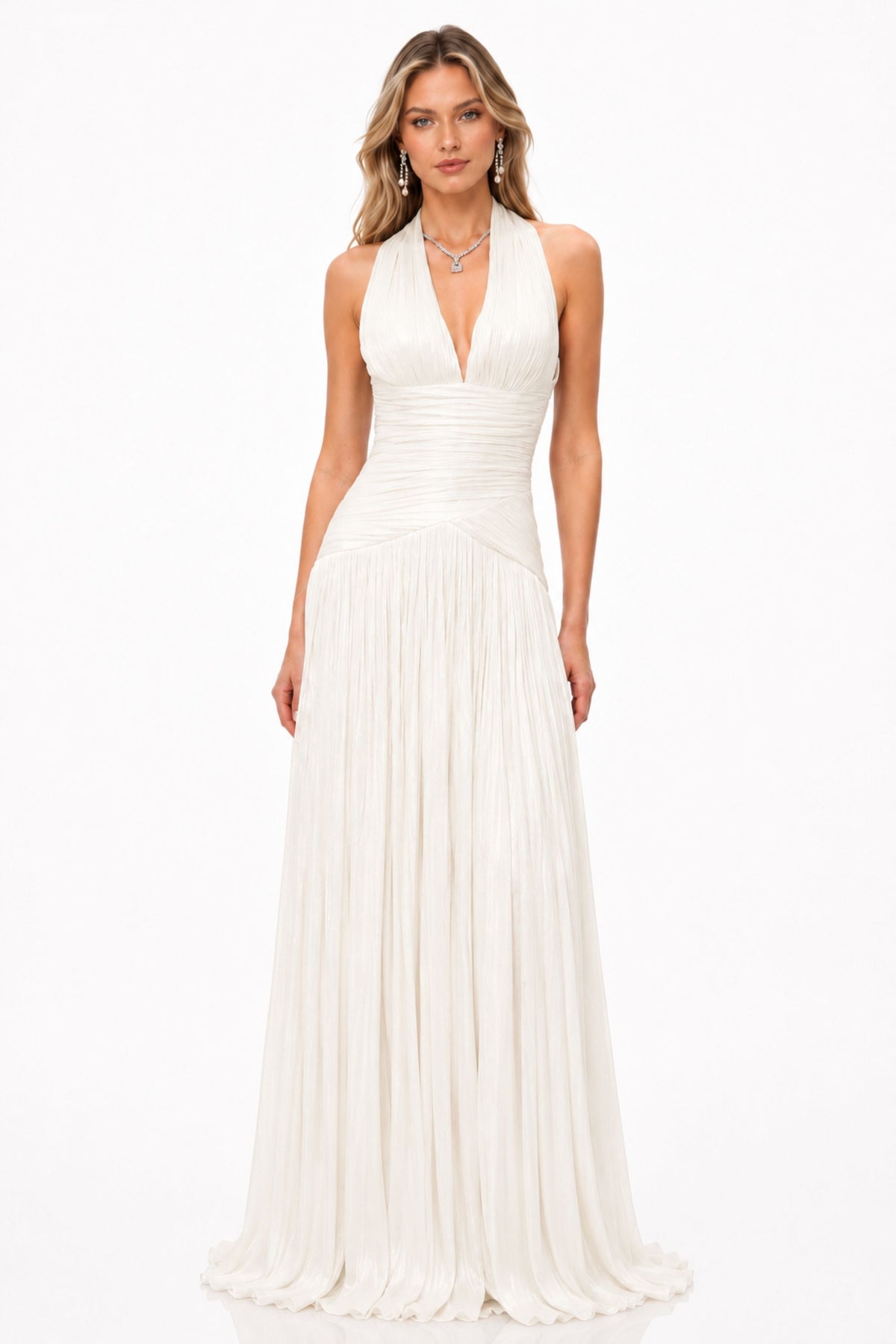Halter Pleated Slit Maxi Dress