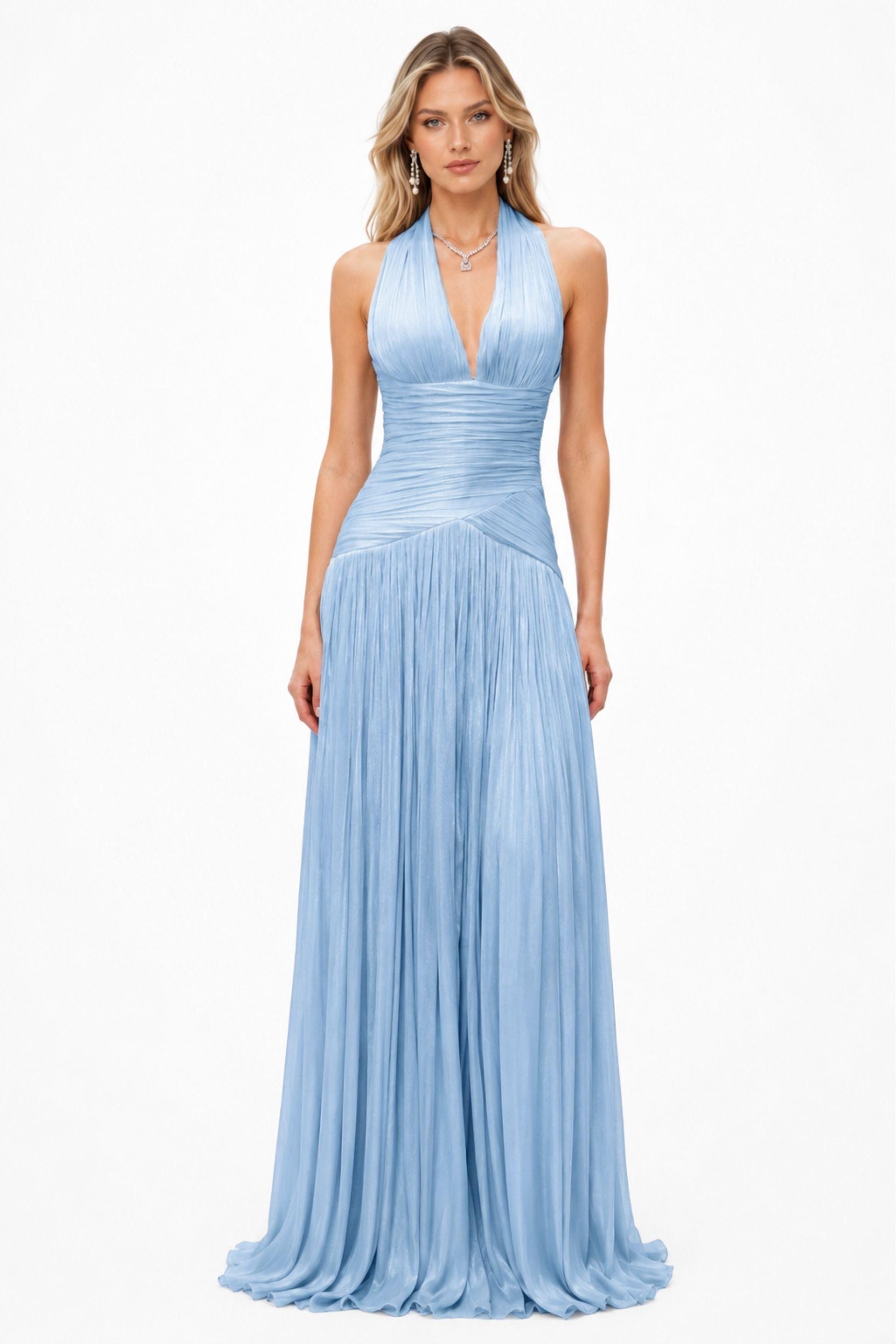 Halter Pleated Slit Maxi Dress