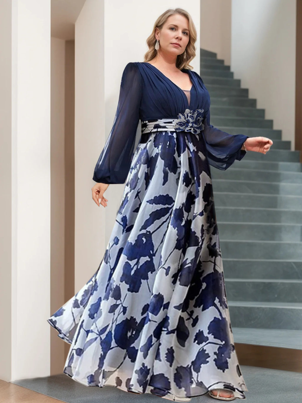 Blue-Grey Chiffon Printed V-Neck Fitted Waist Maxi Dress