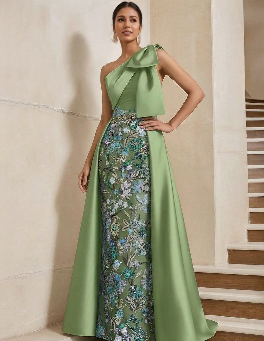 Sheath/Column One-Shoulder Satin Mother of the Bride Dresses with Overskirt Sleeveless Floral Floor-Length Bow