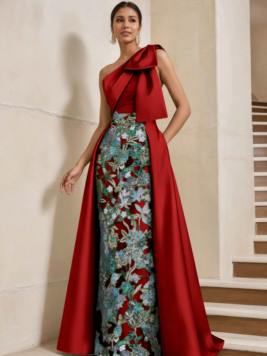 Sheath/Column One-Shoulder Satin Mother of the Bride Dresses with Overskirt Sleeveless Floral Floor-Length Bow