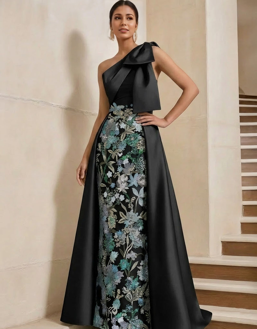 Sheath/Column One-Shoulder Satin Mother of the Bride Dresses with Overskirt Sleeveless Floral Floor-Length Bow