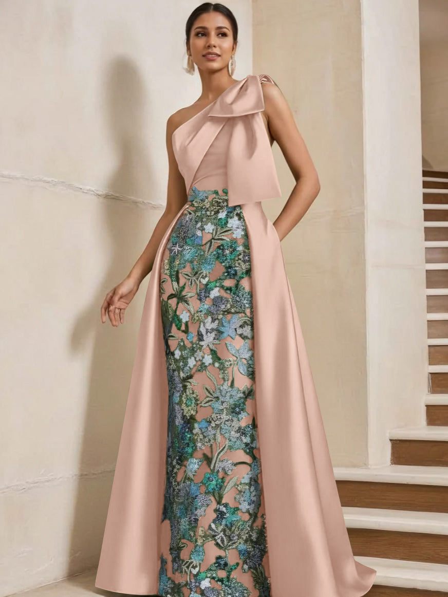 Sheath/Column One-Shoulder Satin Mother of the Bride Dresses with Overskirt Sleeveless Floral Floor-Length Bow