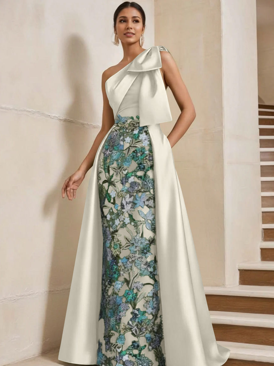 Sheath/Column One-Shoulder Satin Mother of the Bride Dresses with Overskirt Sleeveless Floral Floor-Length Bow
