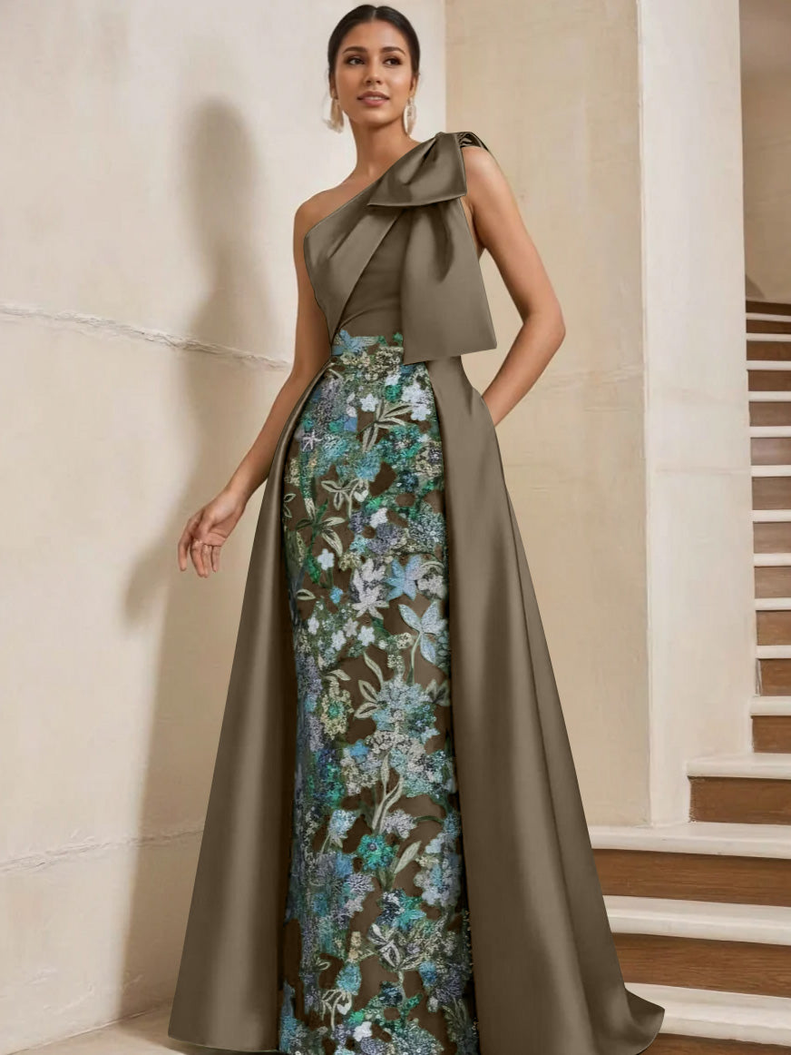Sheath/Column One-Shoulder Satin Mother of the Bride Dresses with Overskirt Sleeveless Floral Floor-Length Bow