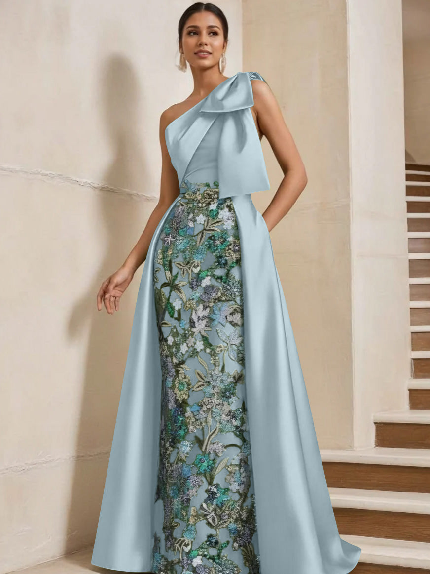 Sheath/Column One-Shoulder Satin Mother of the Bride Dresses with Overskirt Sleeveless Floral Floor-Length Bow
