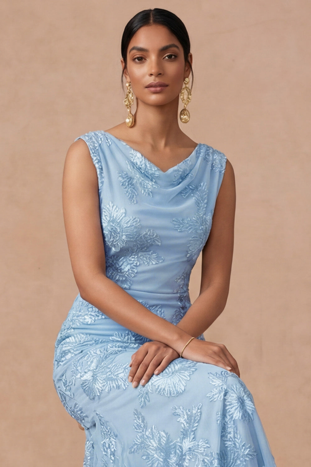 Light Blue Cowl Neck Sheath Embroidered Maxi Wedding Guest Dress with Slit