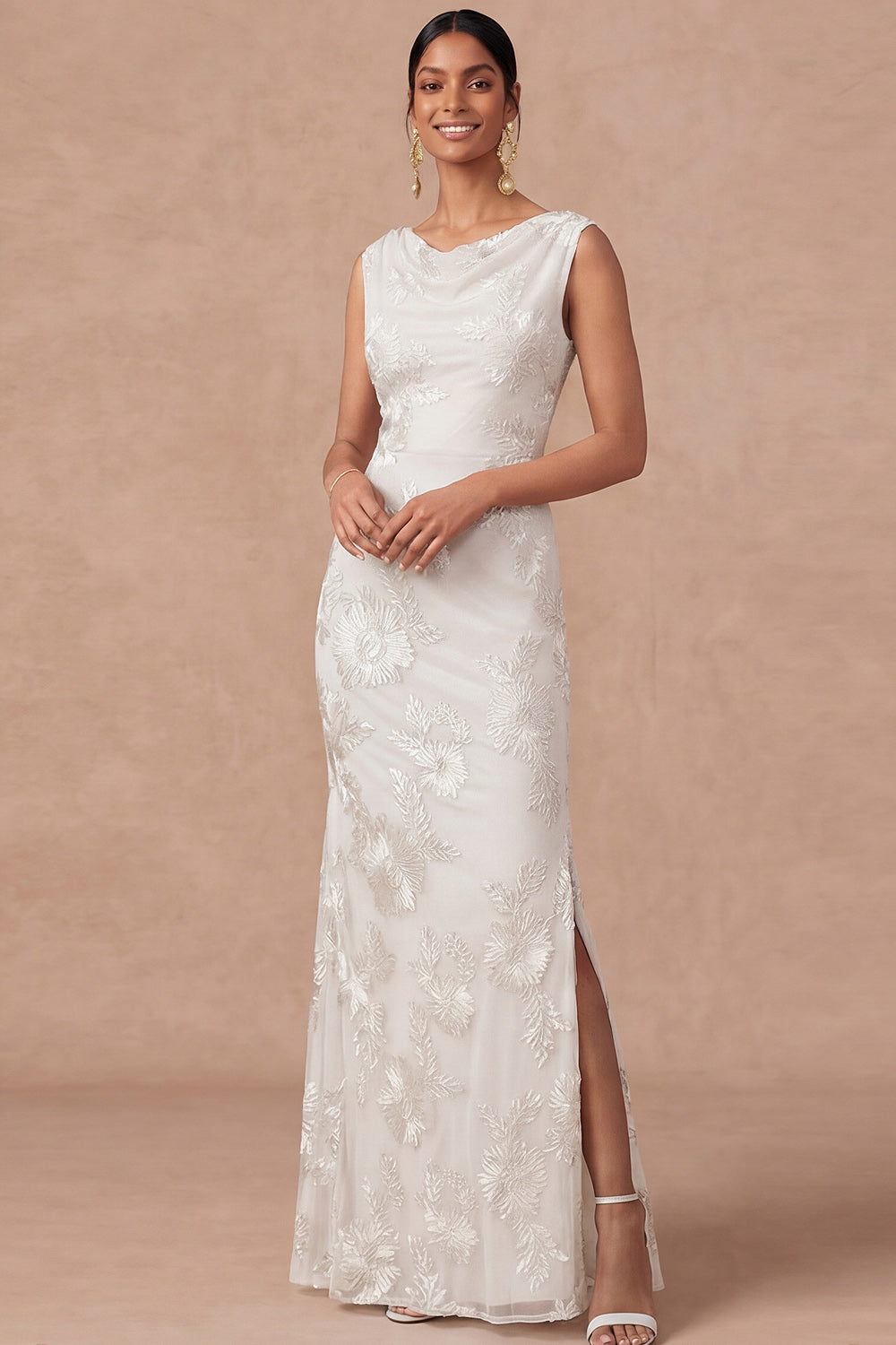 Light Blue Cowl Neck Sheath Embroidered Maxi Wedding Guest Dress with Slit