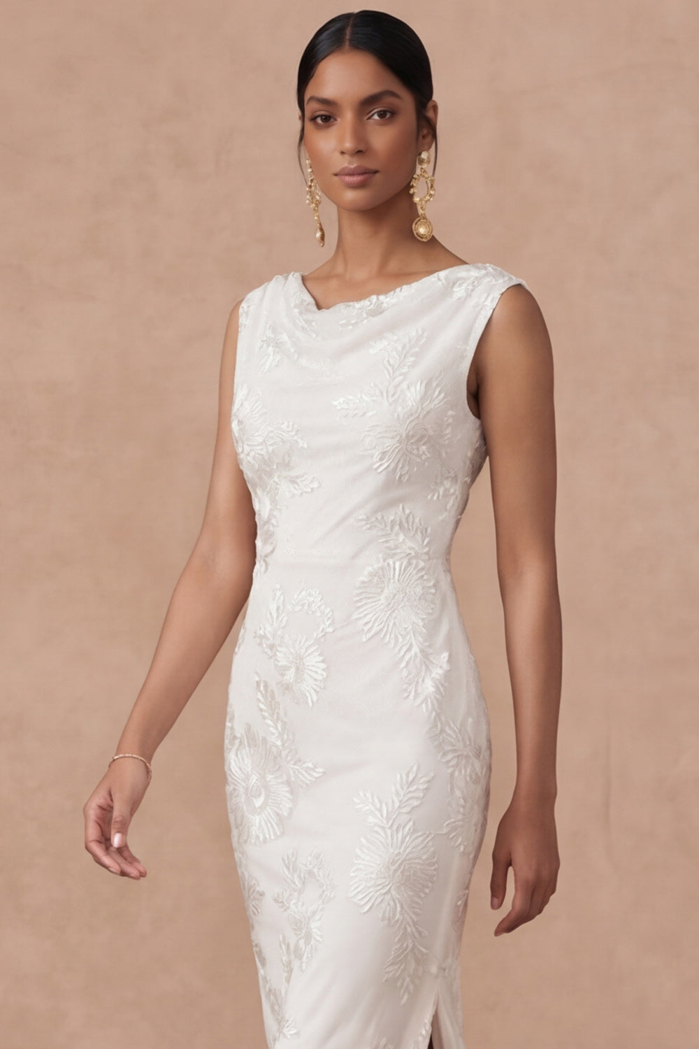 Light Blue Cowl Neck Sheath Embroidered Maxi Wedding Guest Dress with Slit